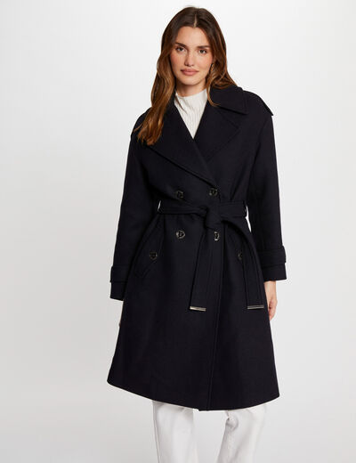 Belted long coat navy women