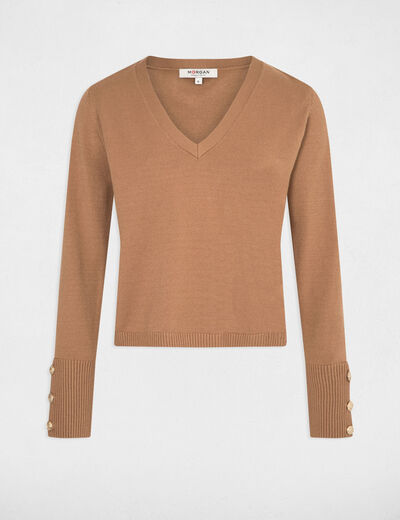 Long-sleeved jumper V-neck camel women