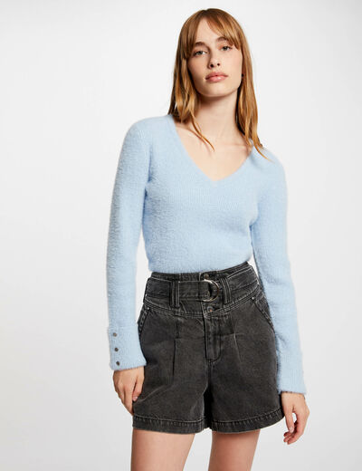 Long-sleeved jumper with V-neck mid blue women