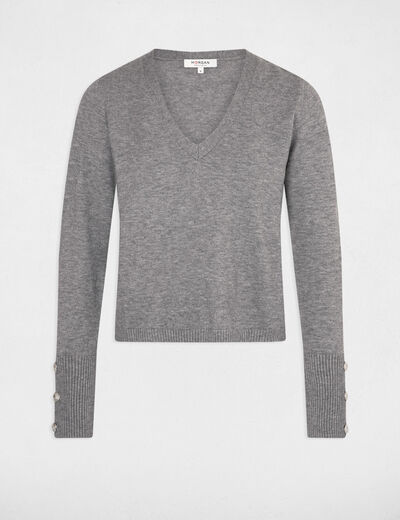 Long-sleeved jumper V-neck mid-grey women