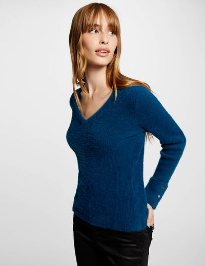 Long-sleeved jumper with fluffy knit teal women