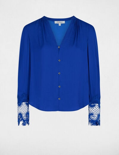 Long-sleeved satin shirt electric blue ladies'