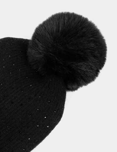 Bonnet avec strass et pompon noir femme