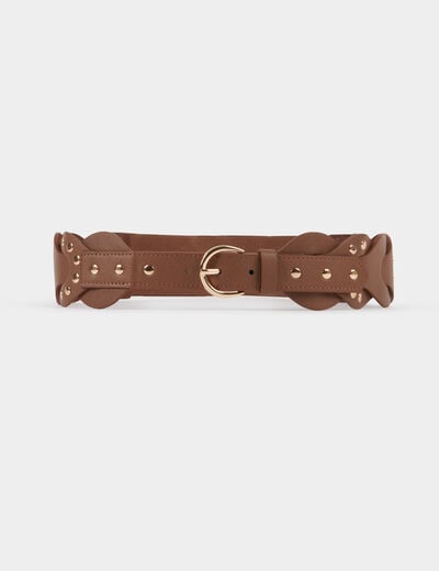 Elasticised belt with studs brown women