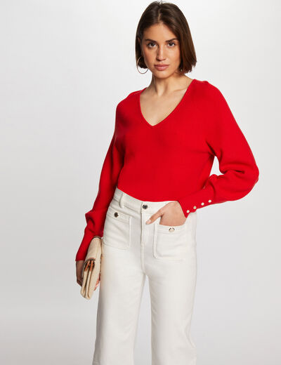 Pull manches longues col en V rouge femme