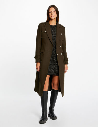 Long waisted coat with belt dark green ladies'