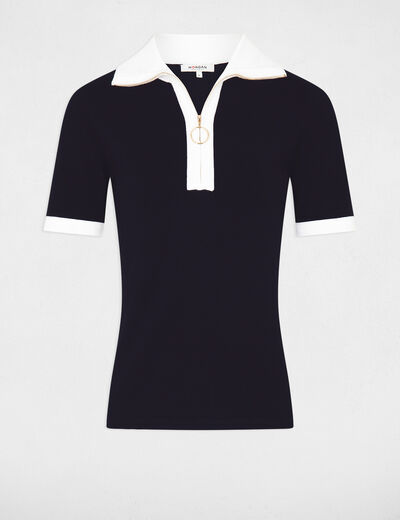 Jumper zipped polo collar short sleeves navy ladies'