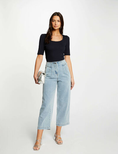 Cropped wide leg jeans studs jean bleached ladies'