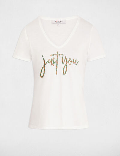 T-shirt inscription et perles ecru femme