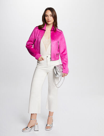 Blouson droit aspect suédine rose fonce femme