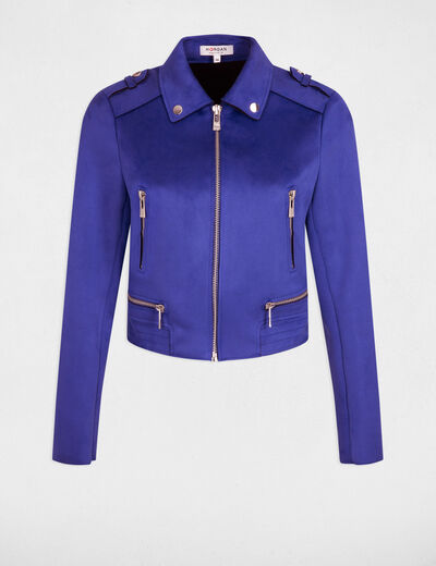 Blouson droit aspect suédine bleu electrique femme