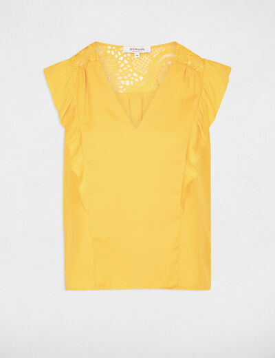 Blouse manches courtes volants ocre femme