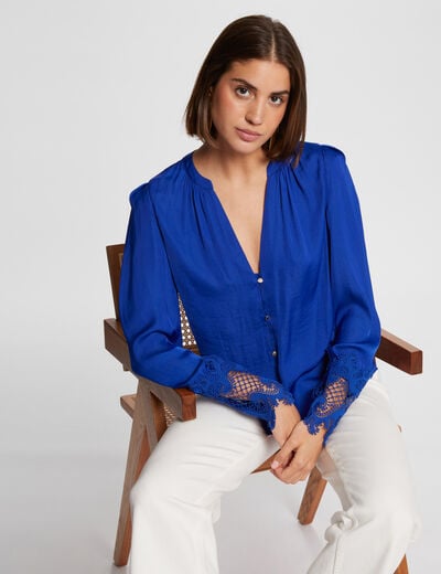 Long-sleeved satin shirt electric blue ladies'