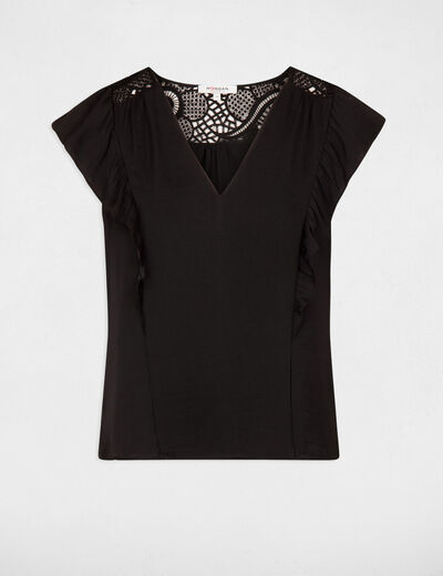 Blouse ruffle short sleeves black ladies'