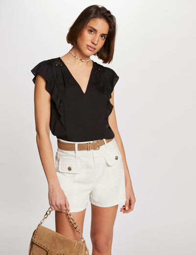 Blouse ruffle short sleeves black ladies'