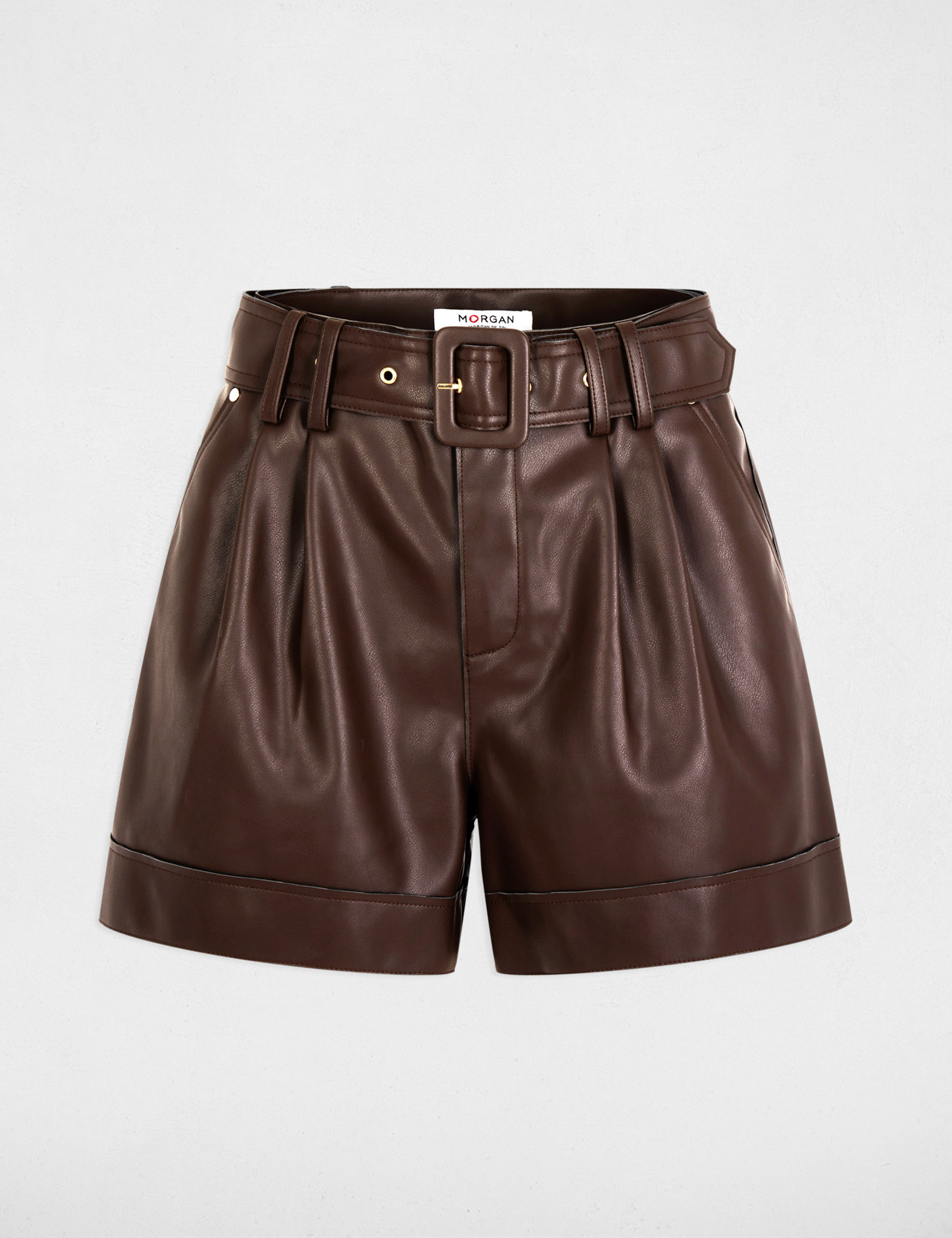 Short ajuste simili cuir marron femme Morgan