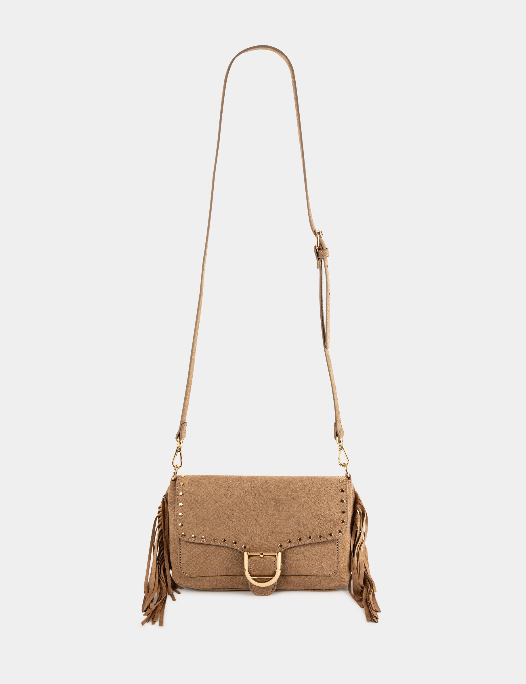 Bag with croc effect fringes and studs sand women