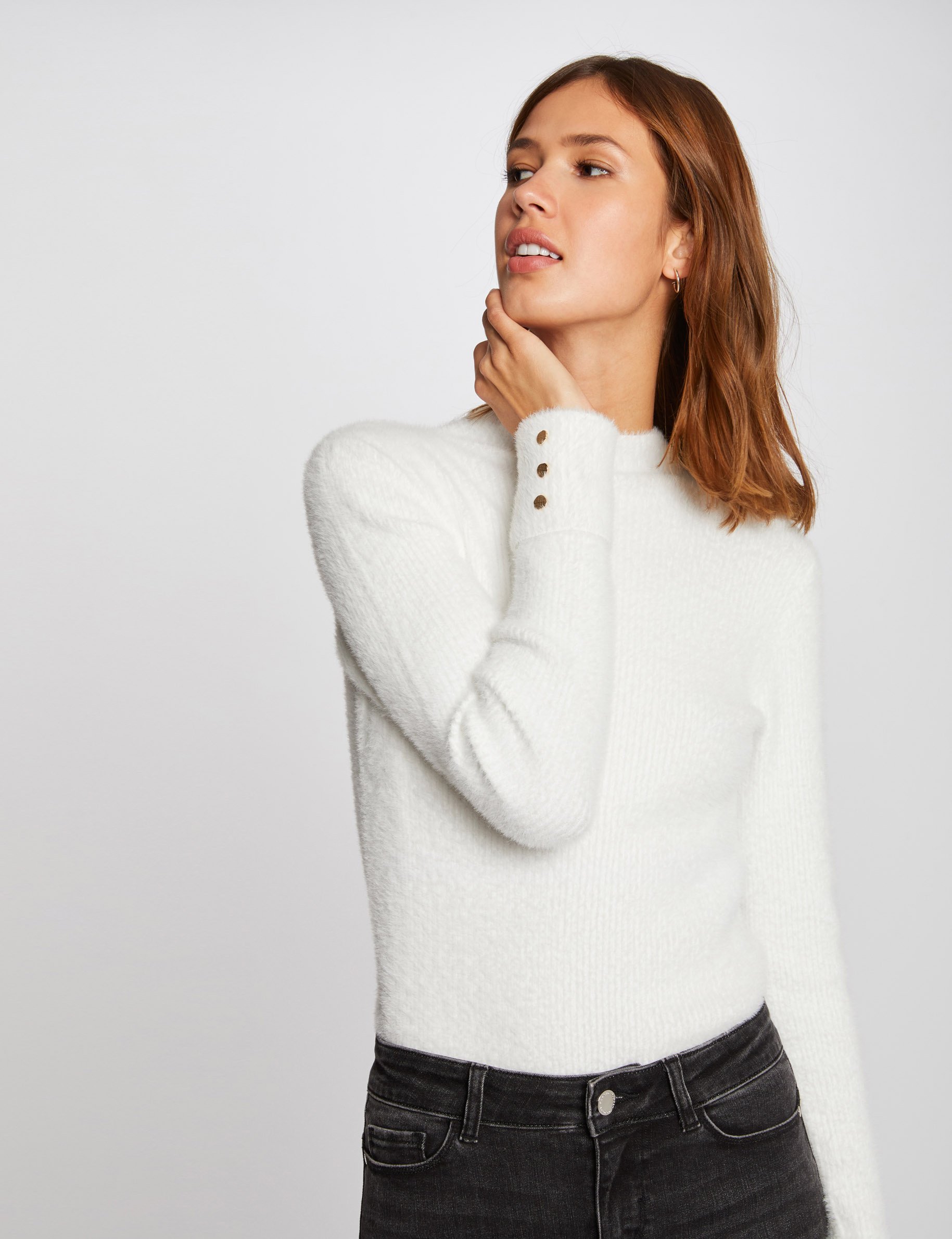 Long-sleeve fuzzy knit sweater ivory women