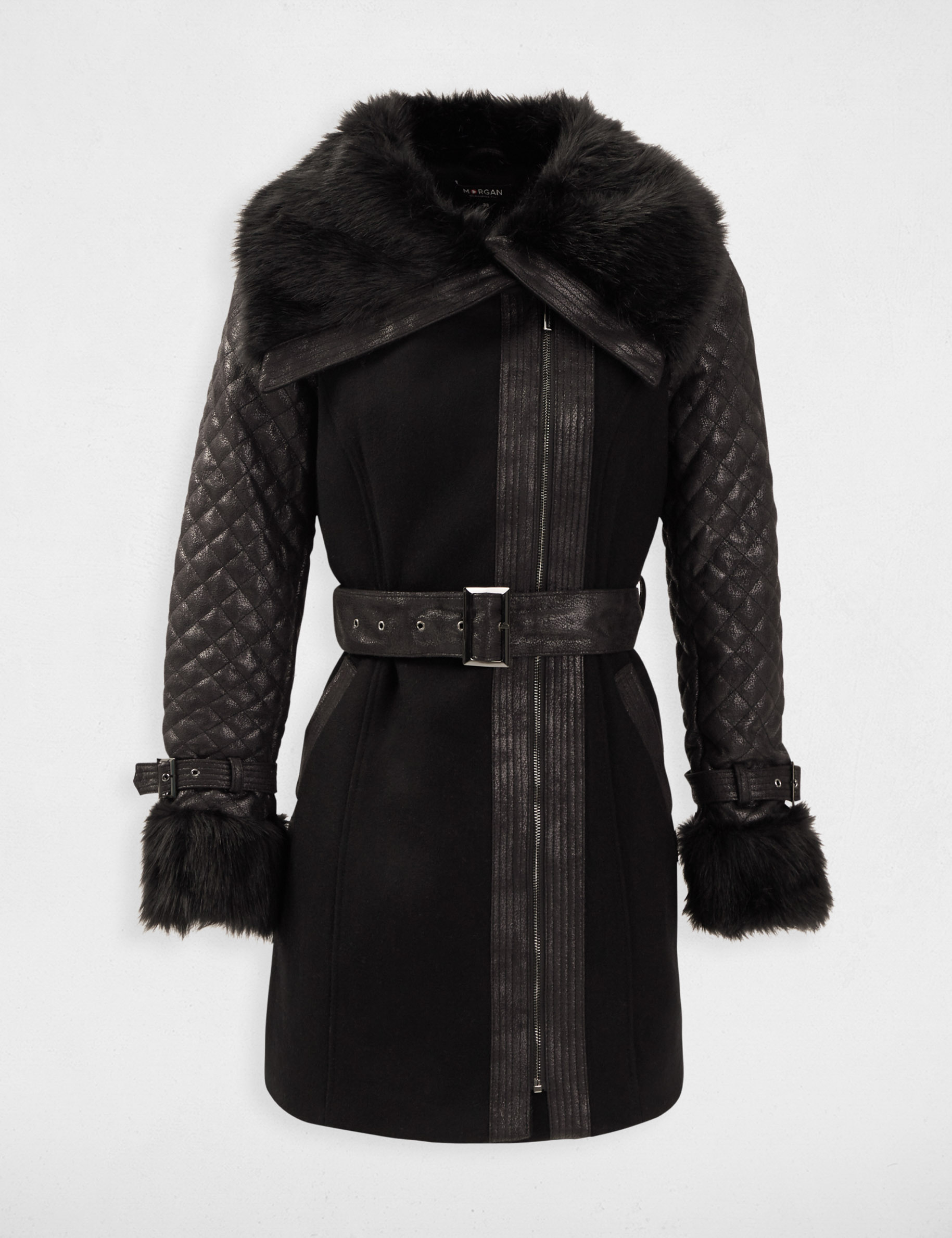 Straight coat with belt faux fur detail black women