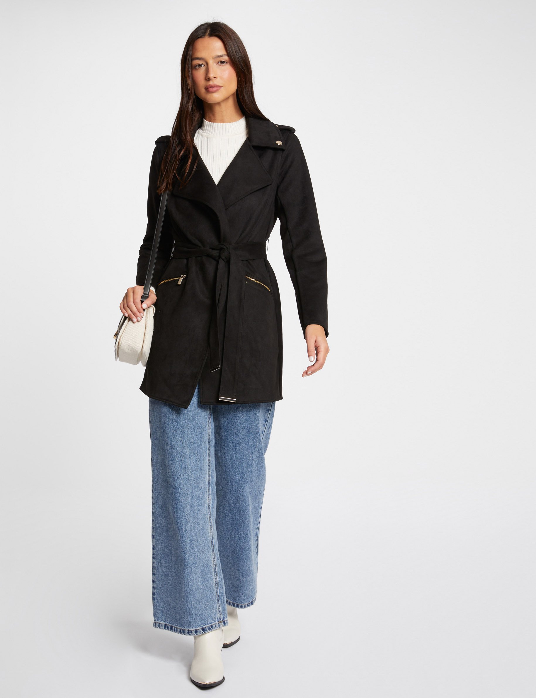 Belted long suede coat black women