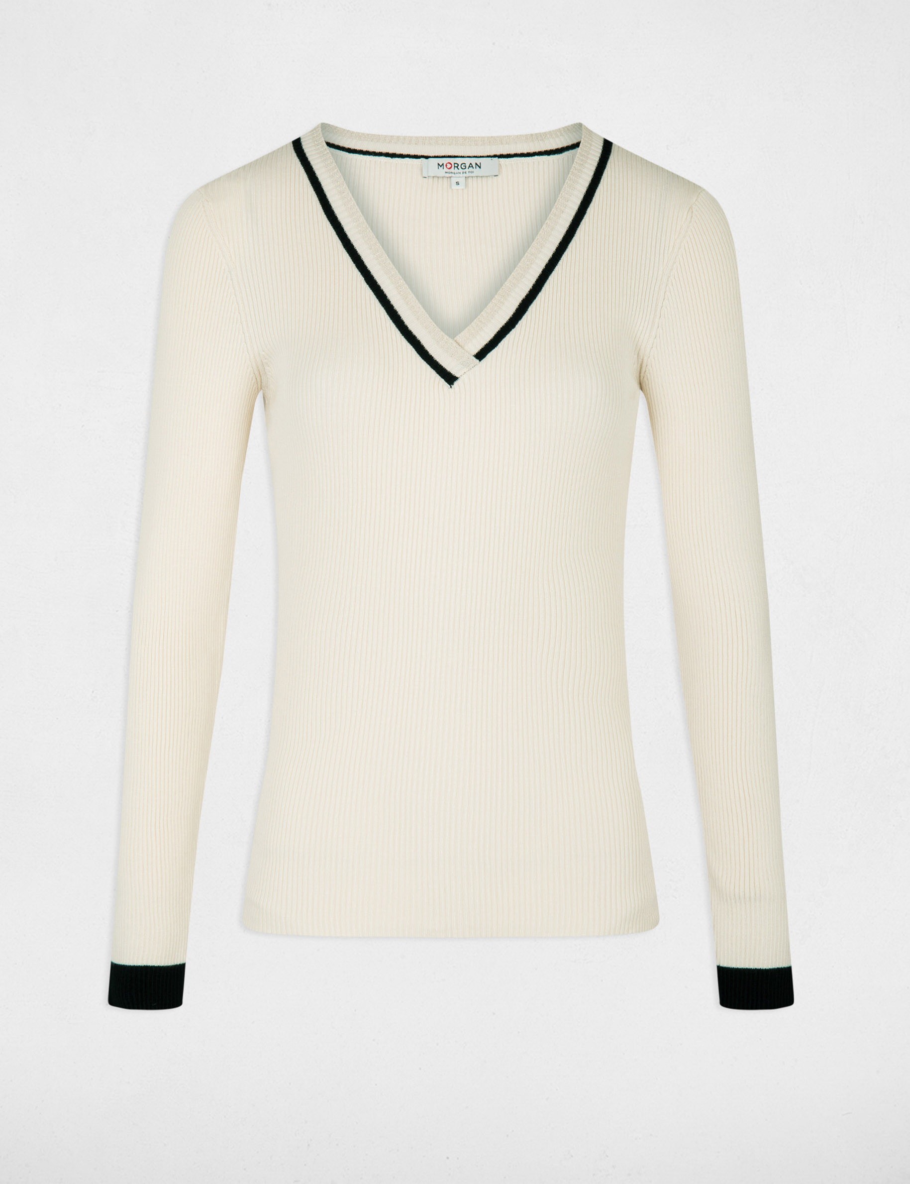 Long-sleeved jumper with V-neck ivory women