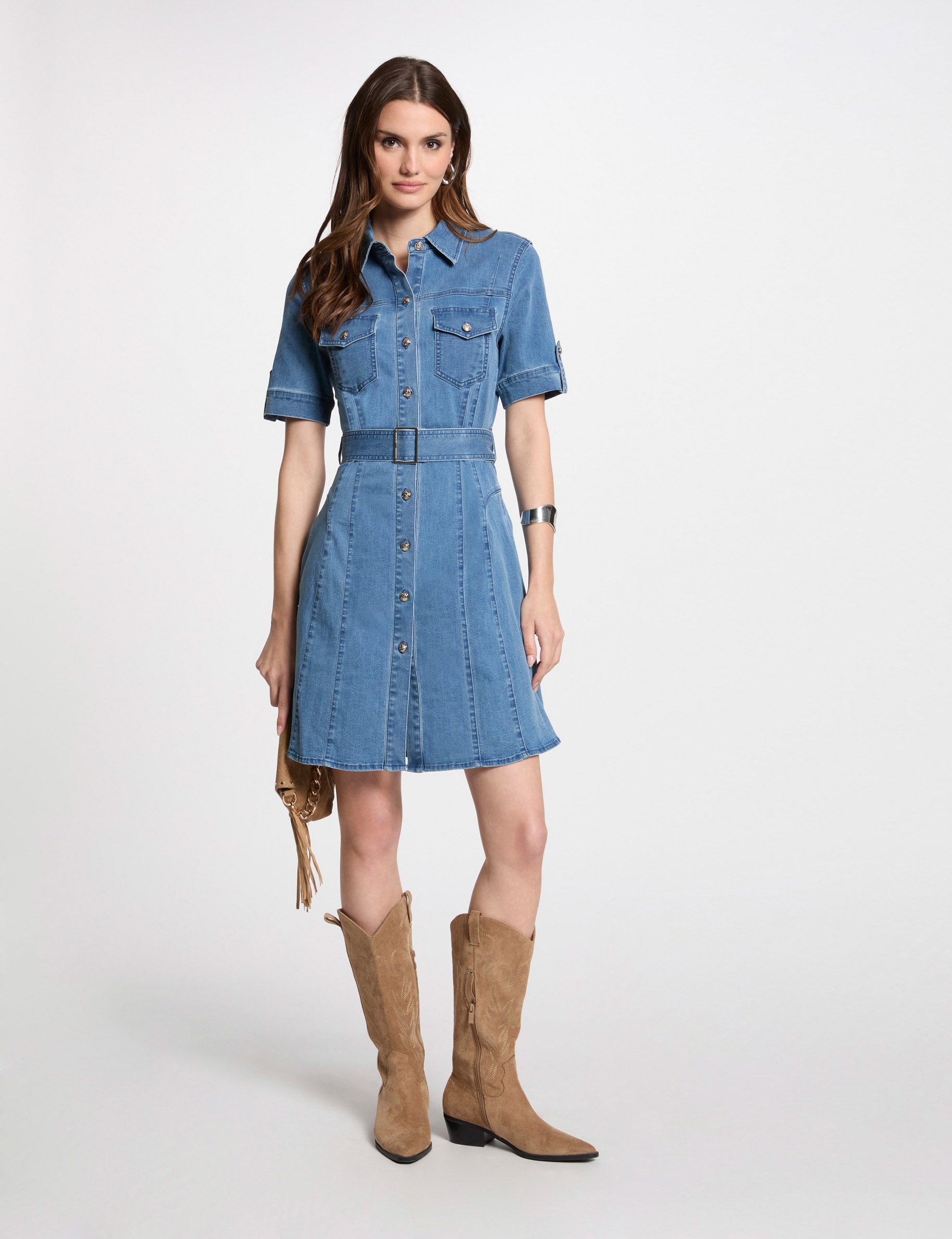 Mini skater denim dress stone wash denim women