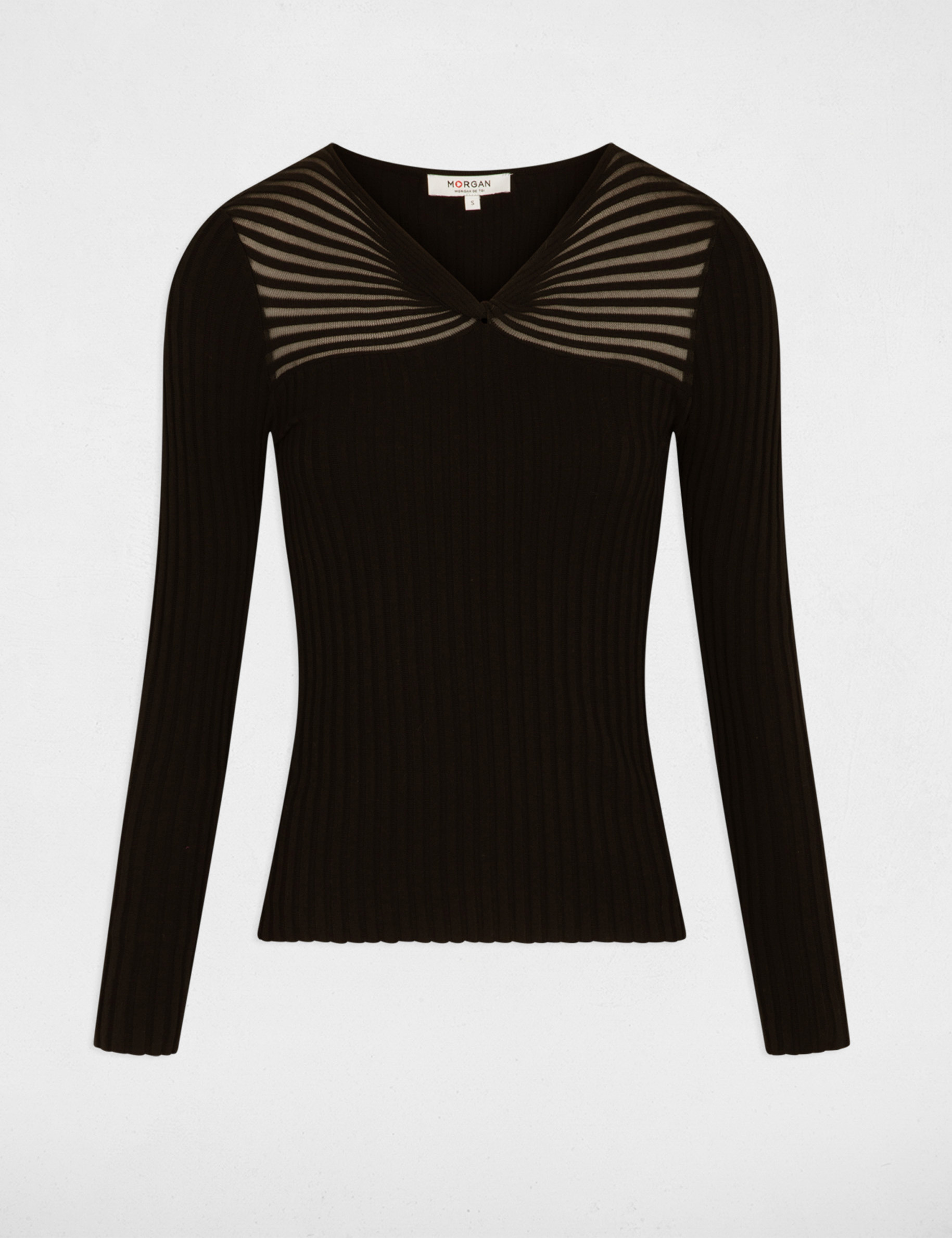 Pull col en V cotele noir femme Morgan