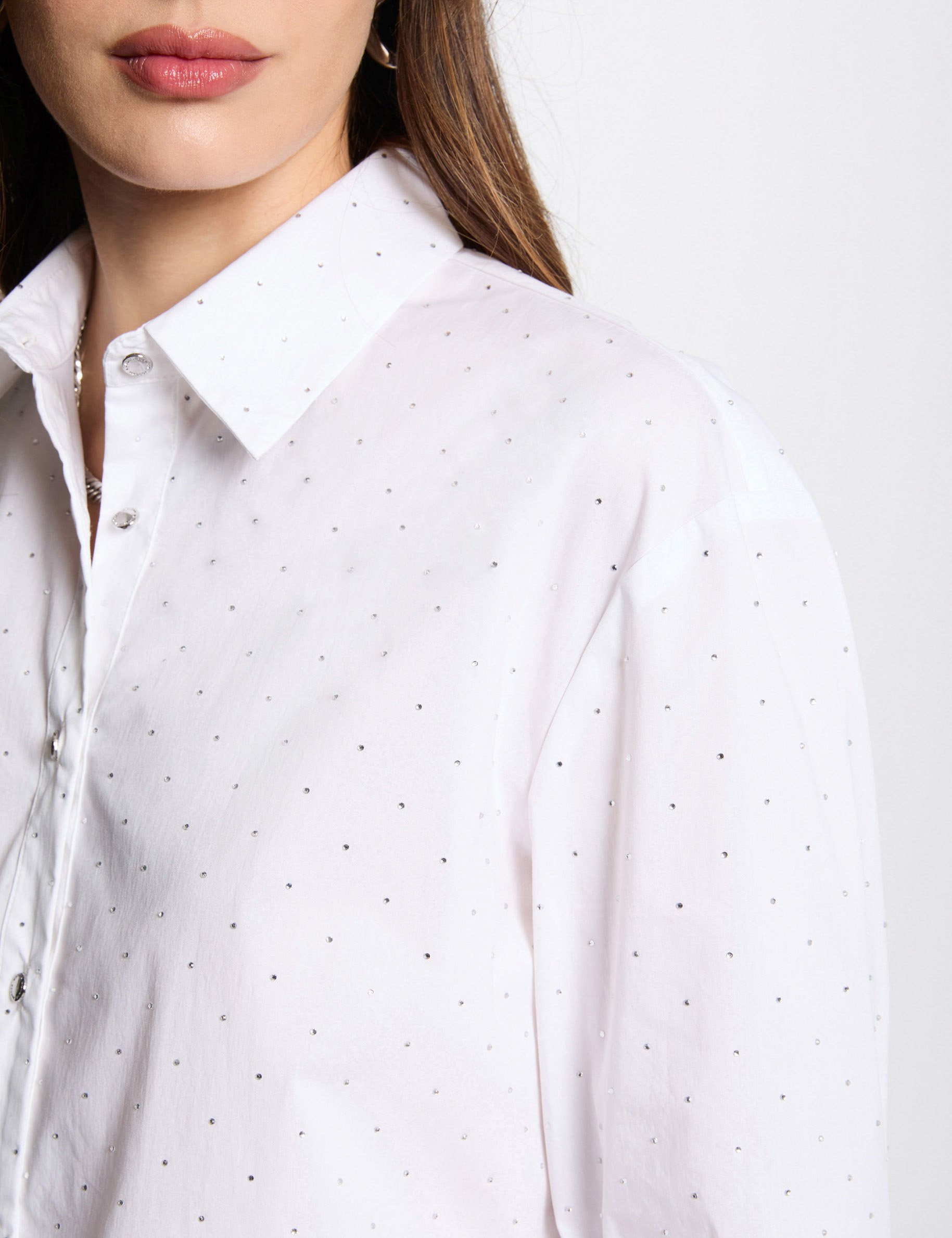 Long-sleeved shirt rhinestones white women