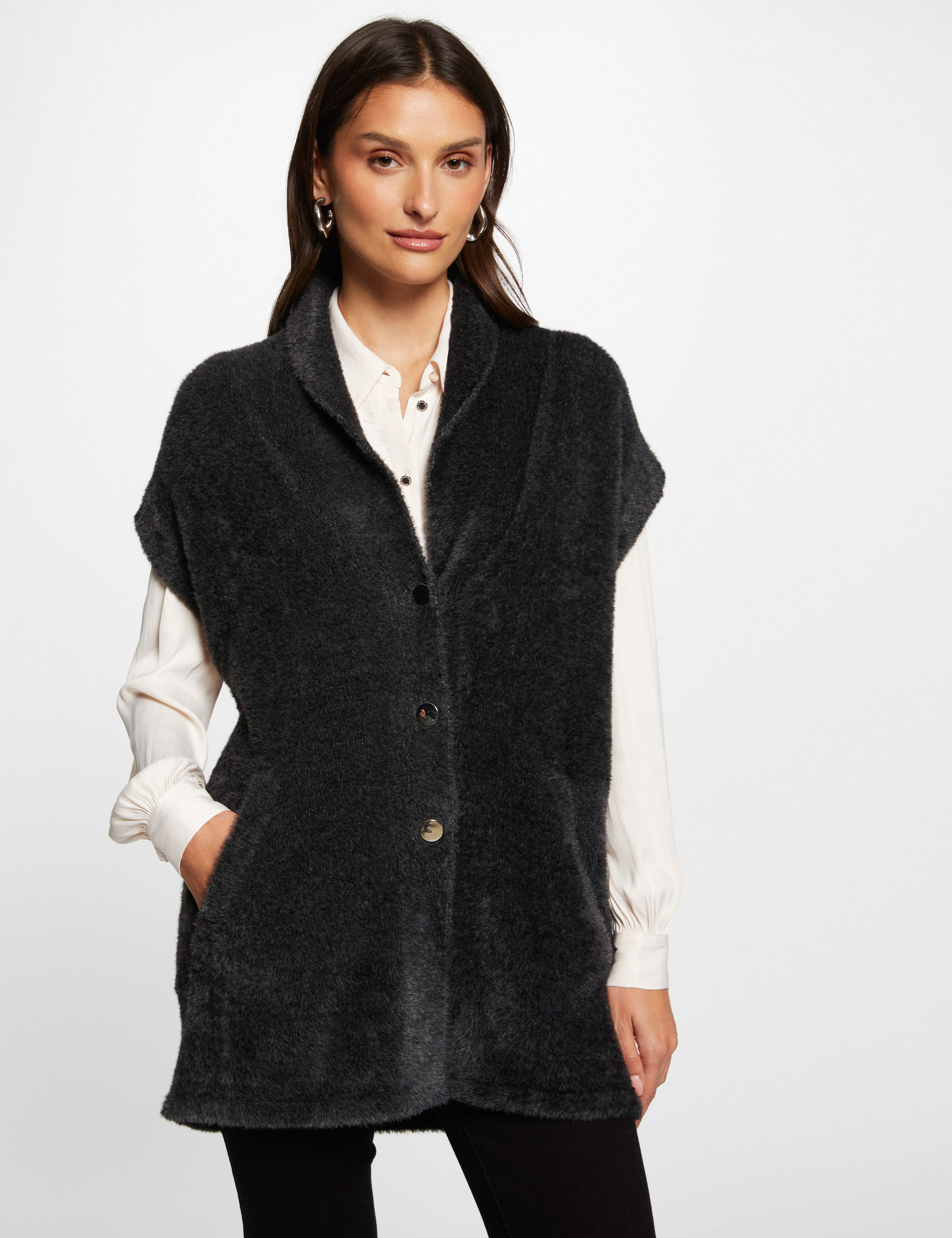 Short-sleeved fur cardigan anthracite grey women