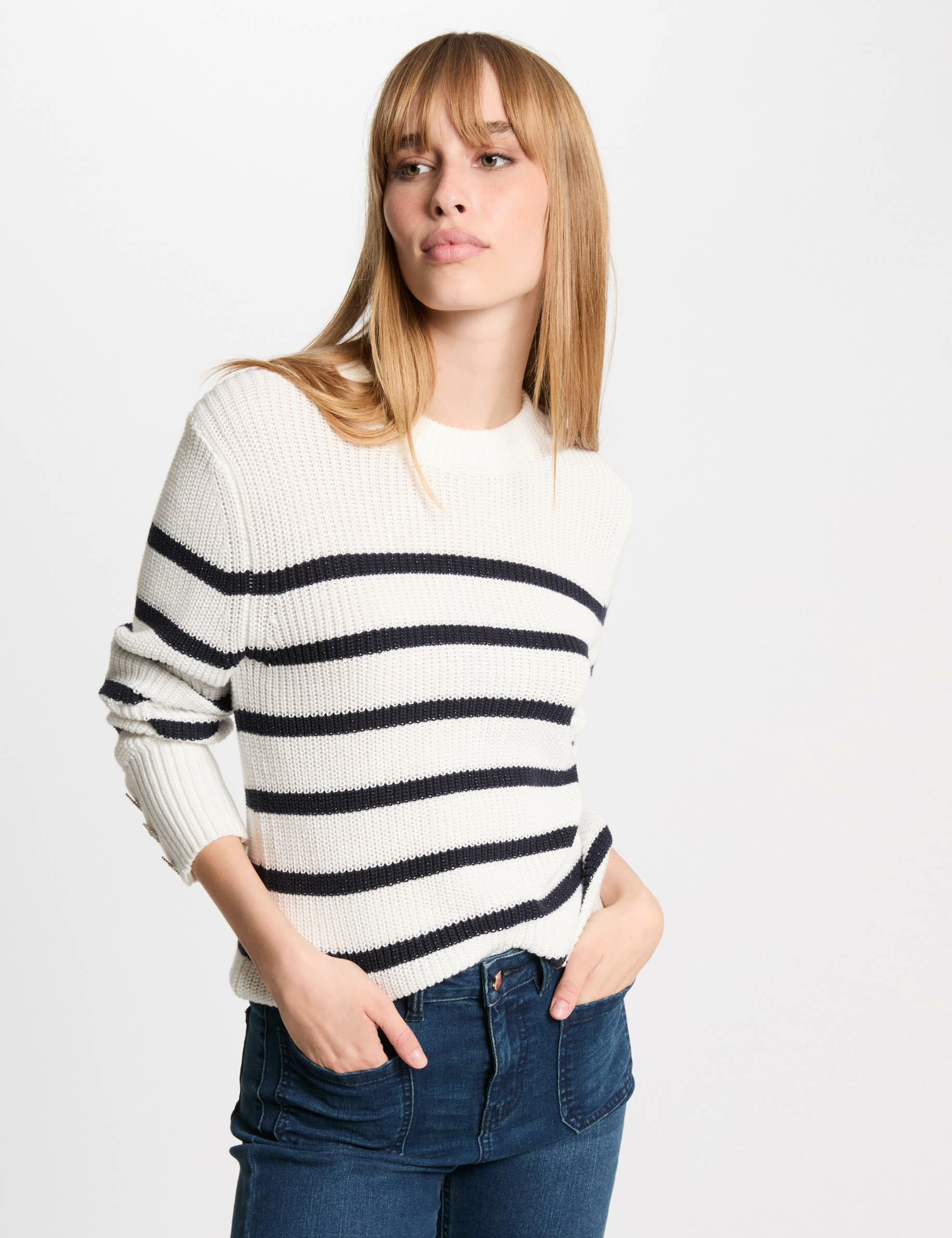 Stripped jumper round neck white women