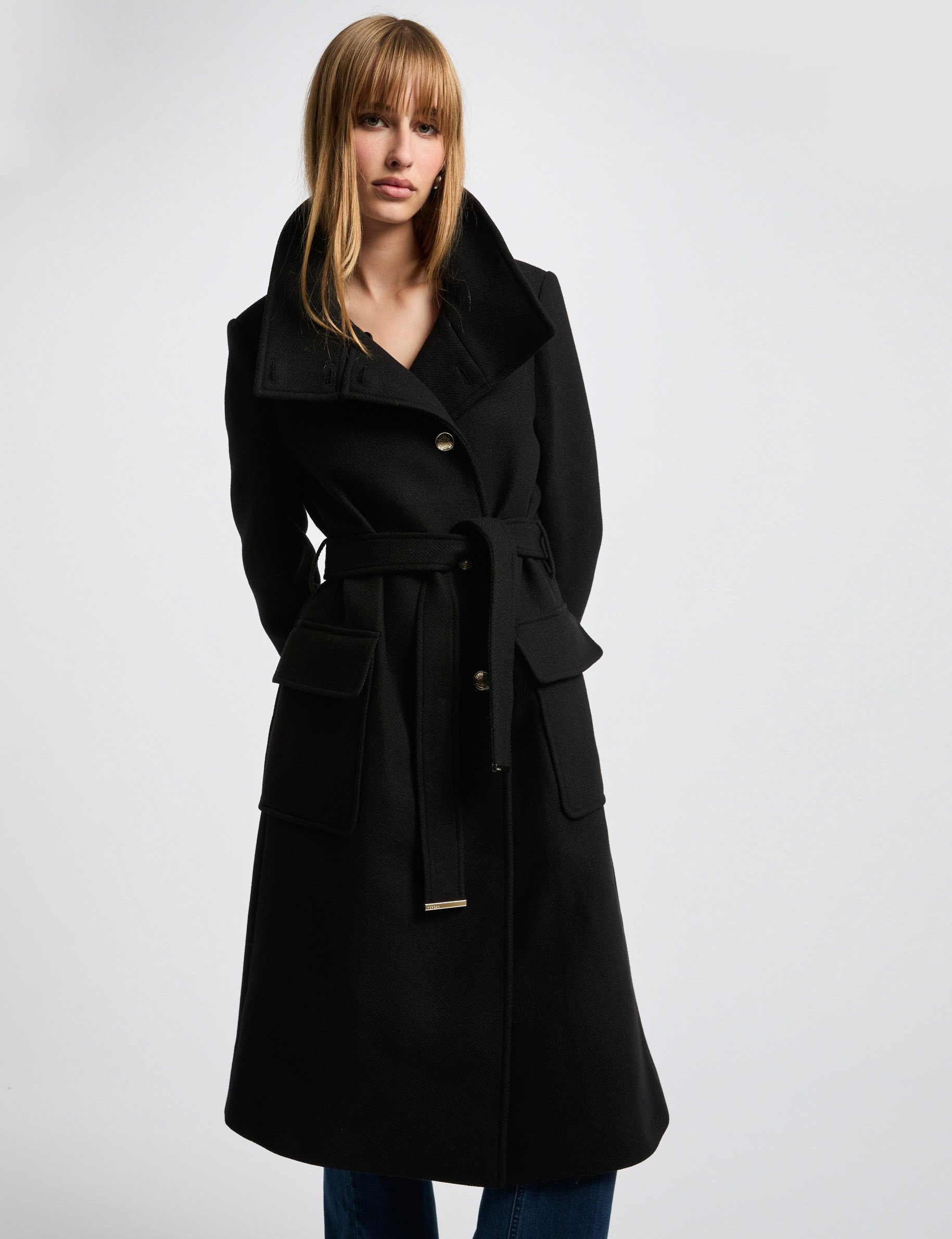 Belted long coat black women