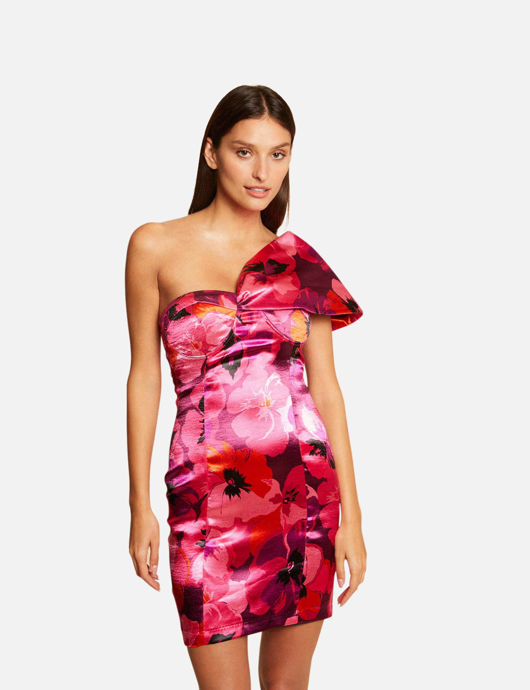 Fitted satin dress with floral print multico ladies' | Morgan