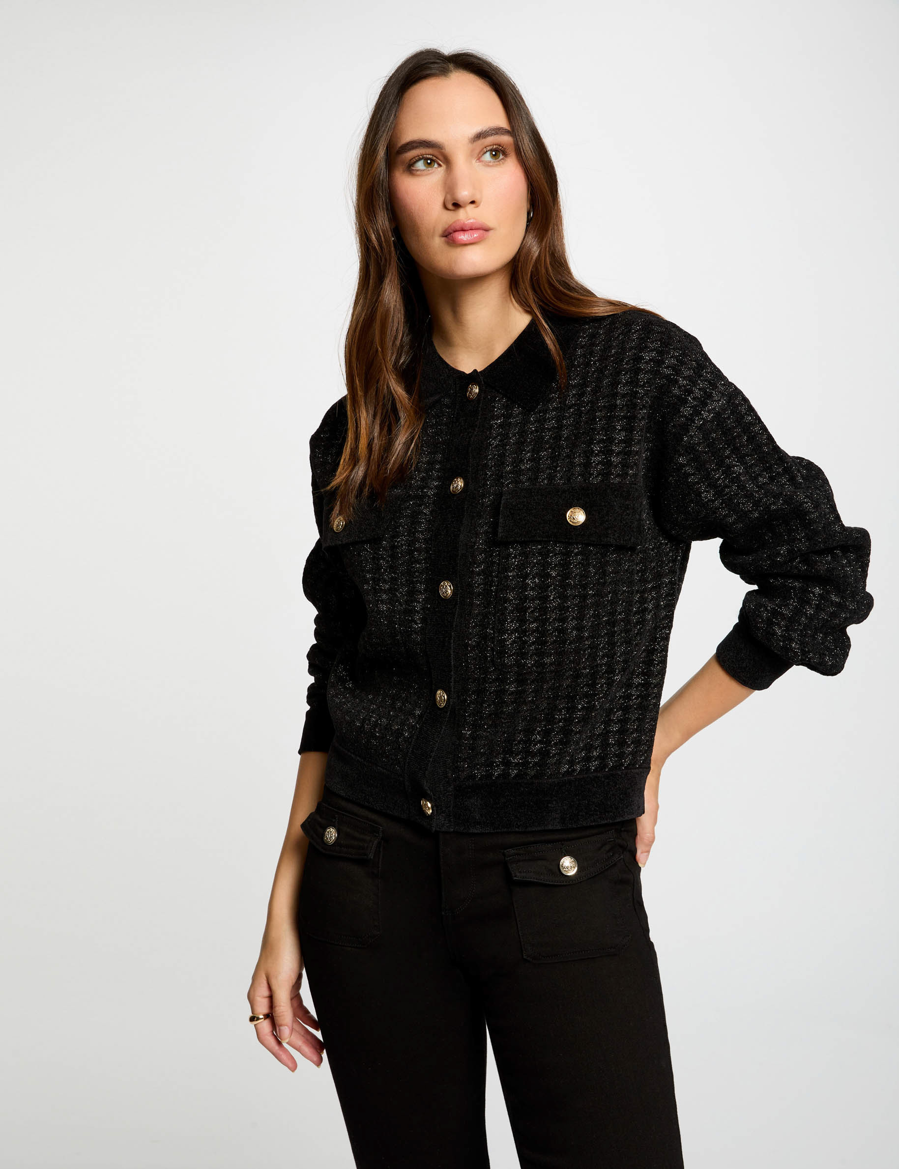 Buttoned cardigan lapel collar black women