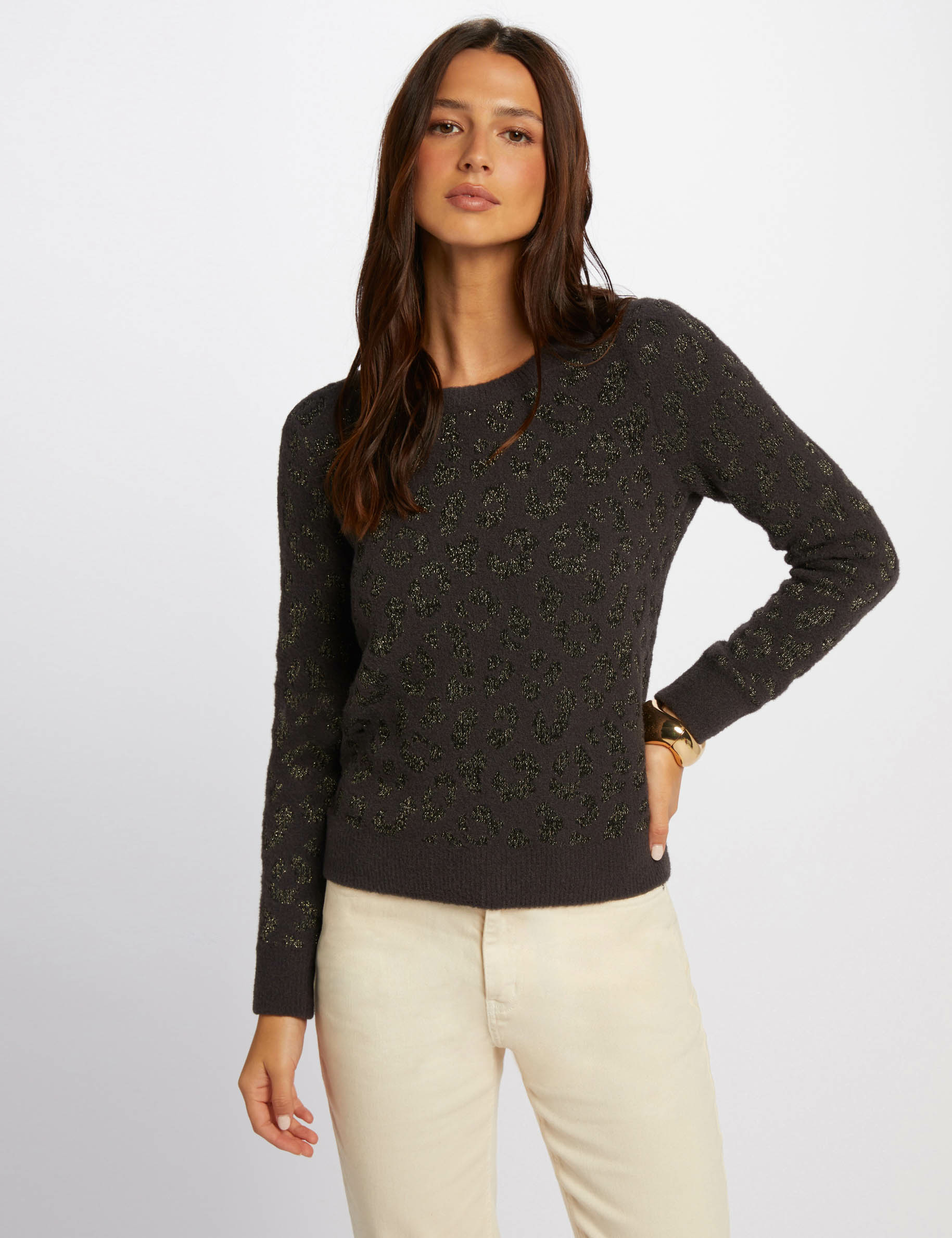 Pull col rond imprimé gris anthracite femme