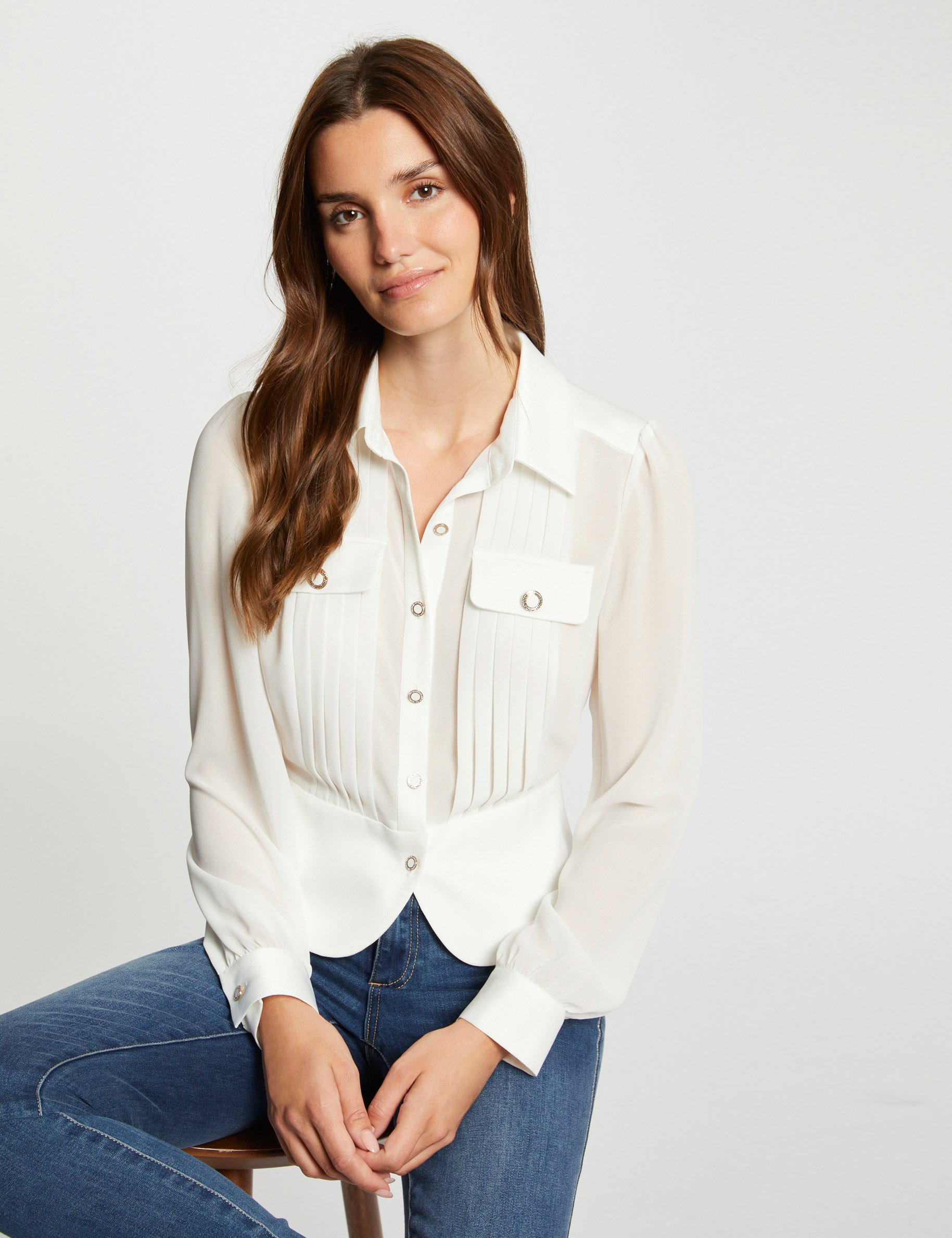 Long-sleeved shirt with pleats ivory women