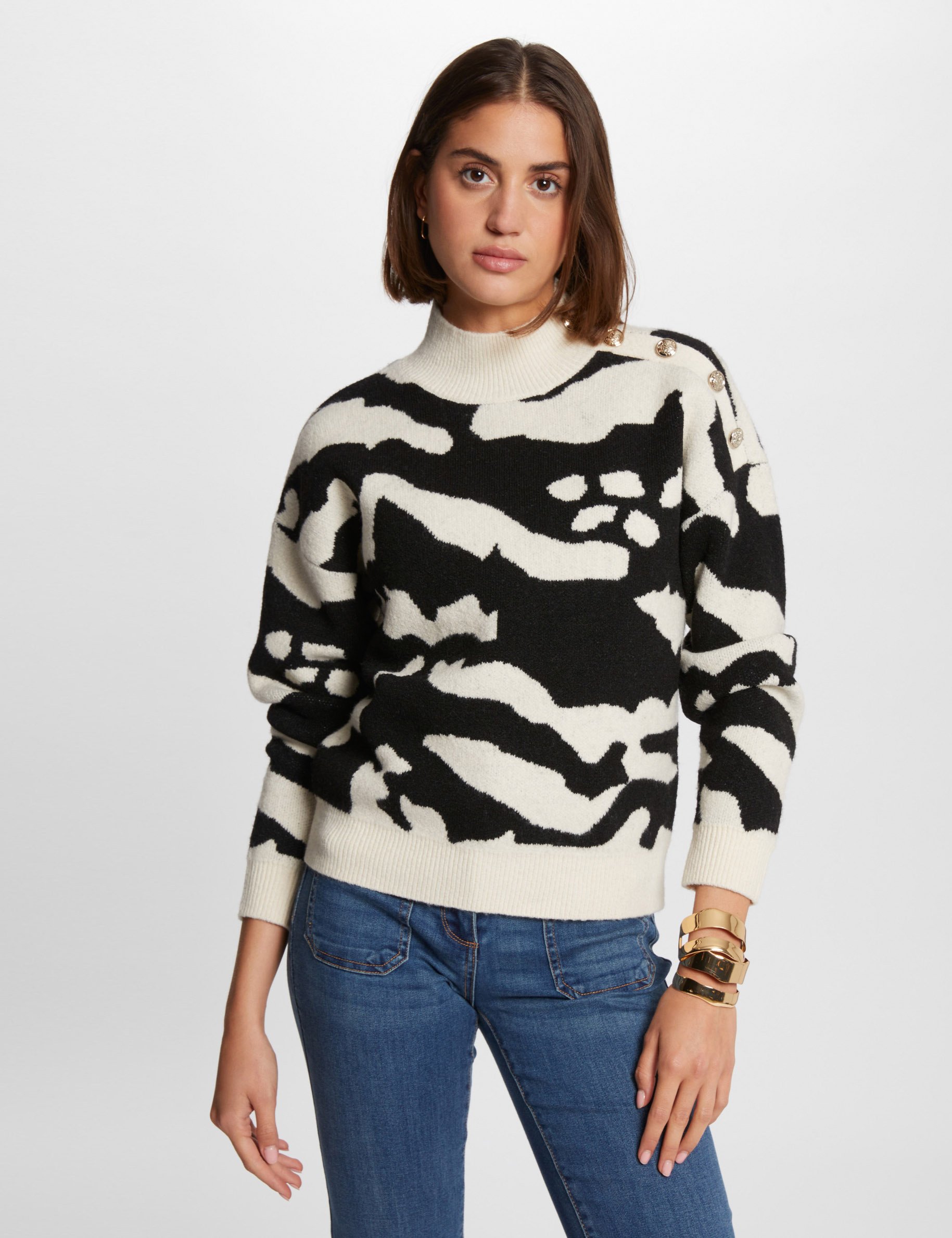 Printed jumper high collar beige women