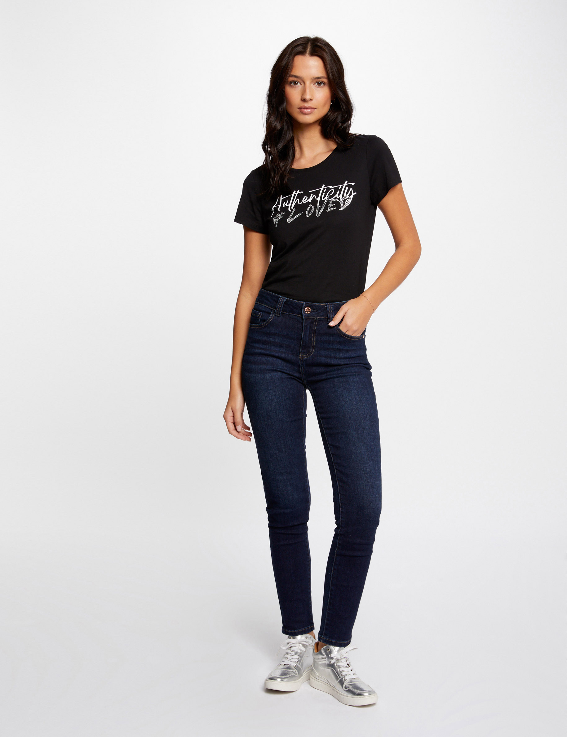 Short-sleeved t-shirt with message black ladies' | Morgan