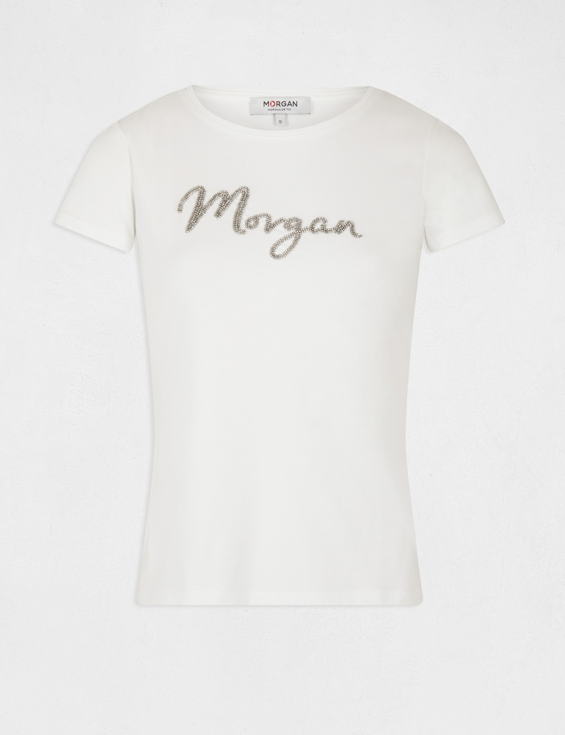 Short sleeved t shirt with message ecru ladies Morgan