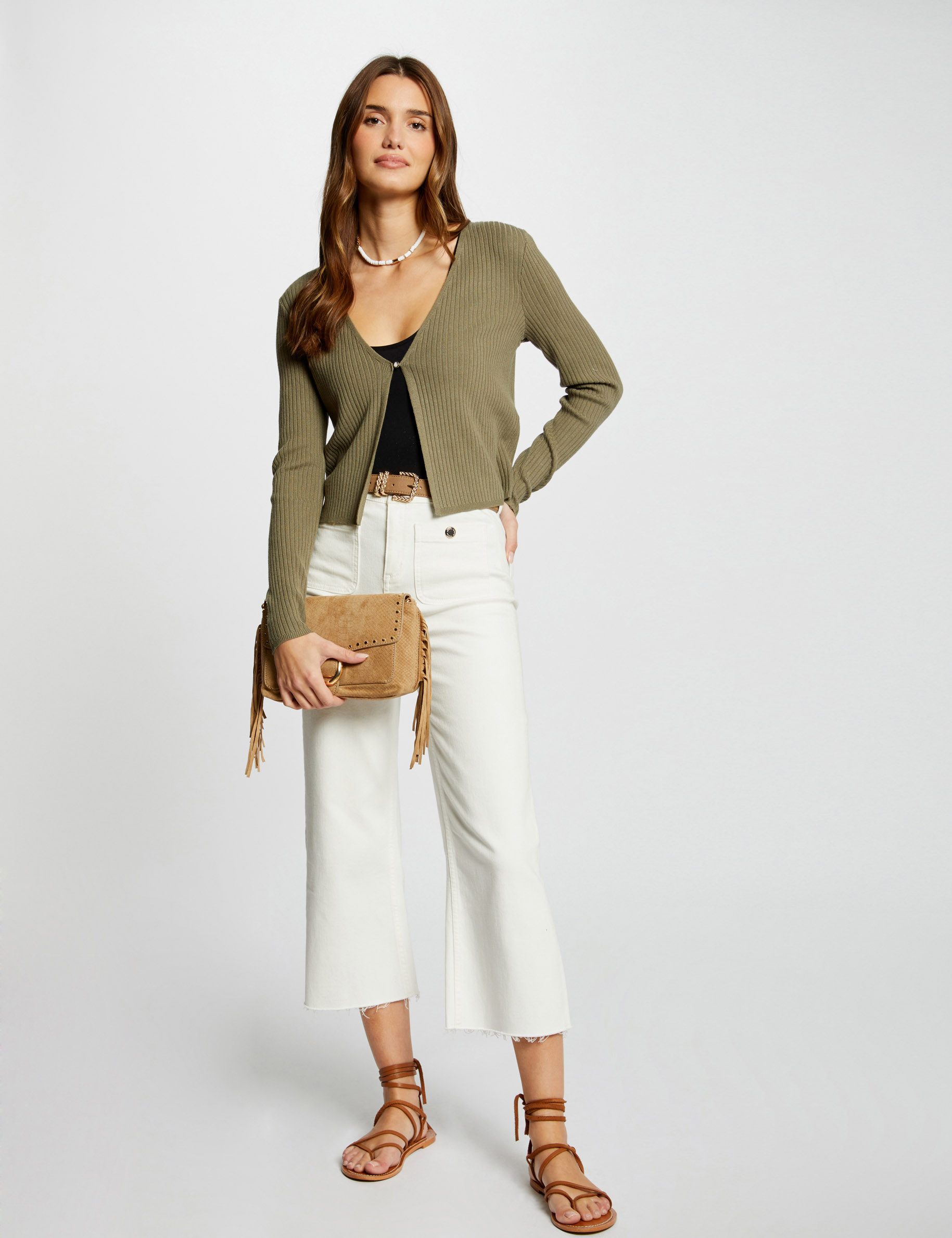 Long-sleeved ribbed cardigan khaki green women