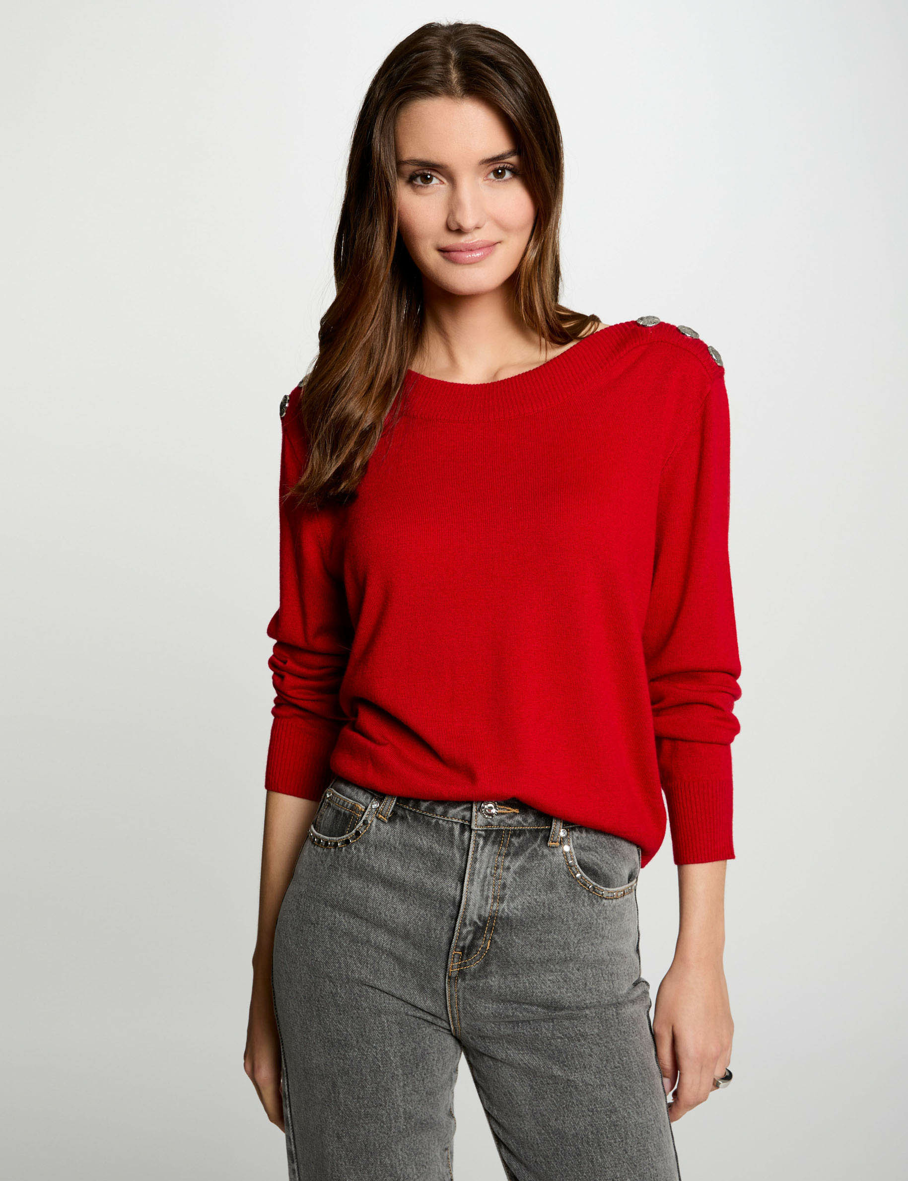 Jumper boat neck with buttons red women