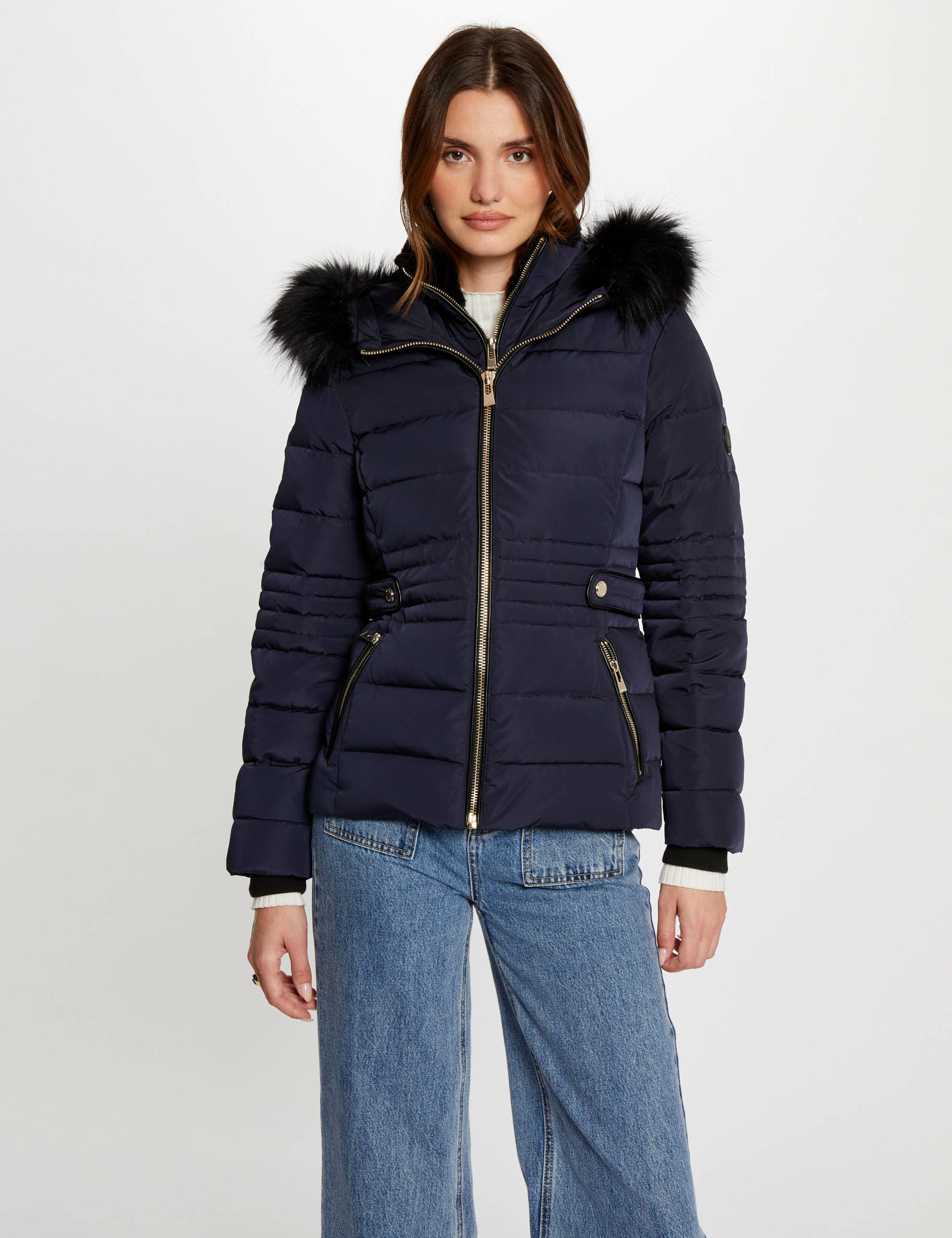 Ladies navy padded jacket with hood on sale