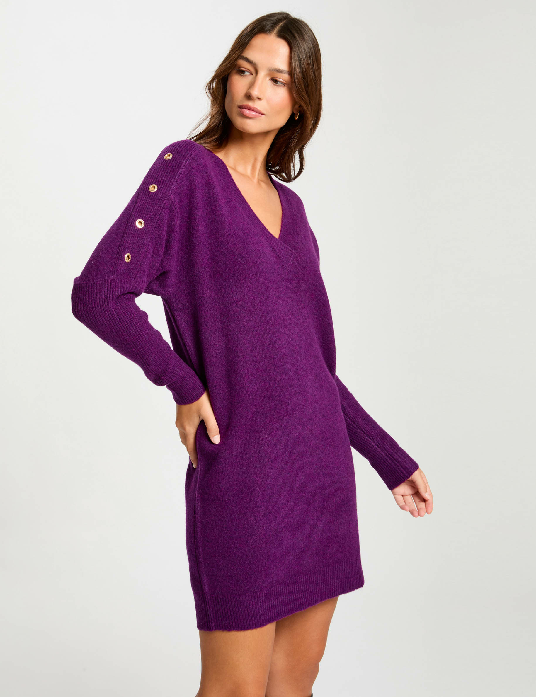 Straight knitted dress eyelets purple women