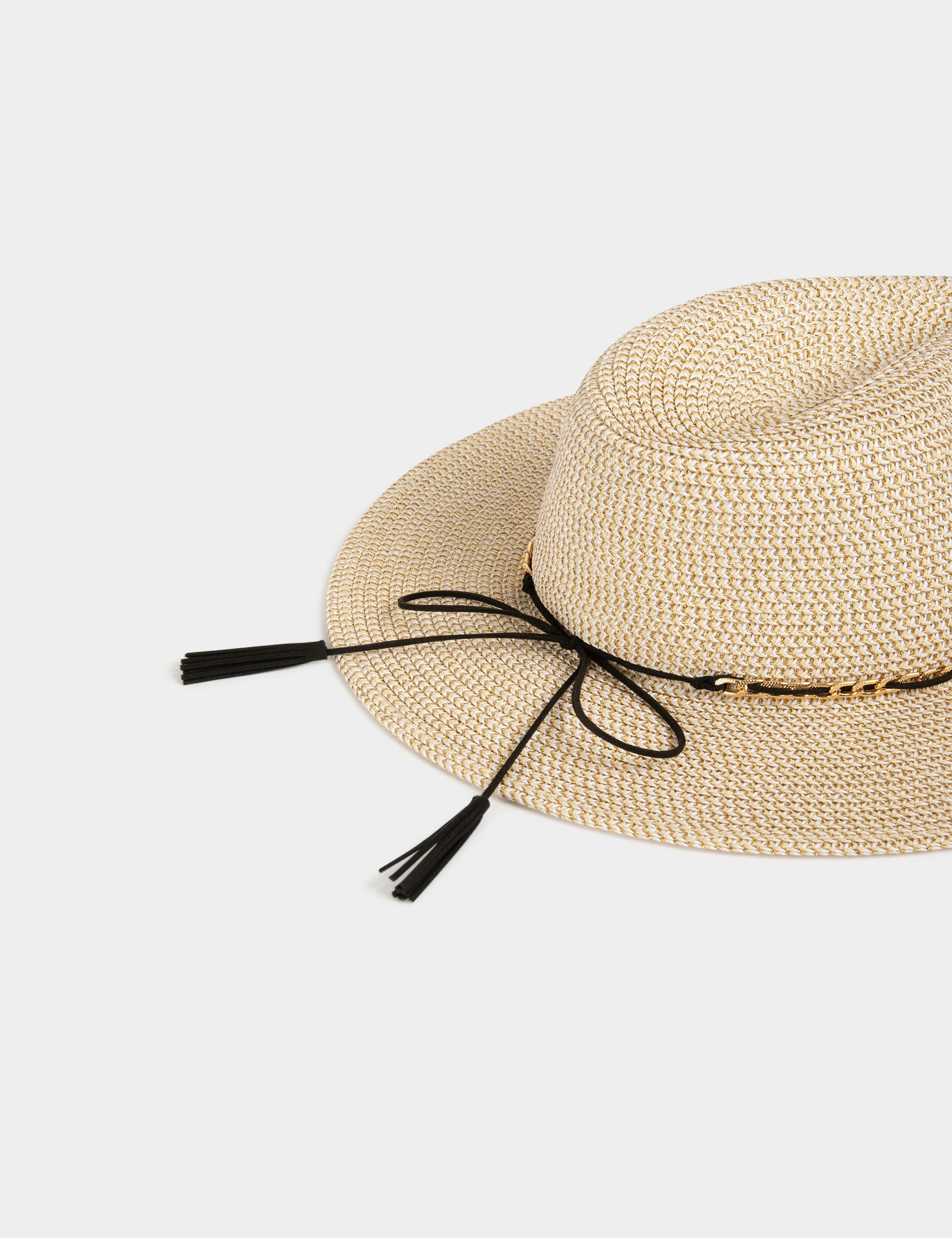 Chapeau tressé détail chaîne beige femme