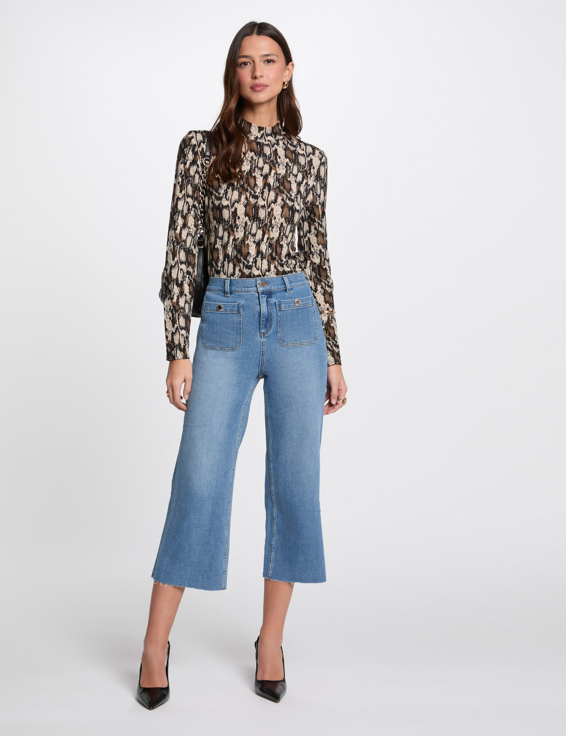 Cropped wide leg trousers stone wash denim women