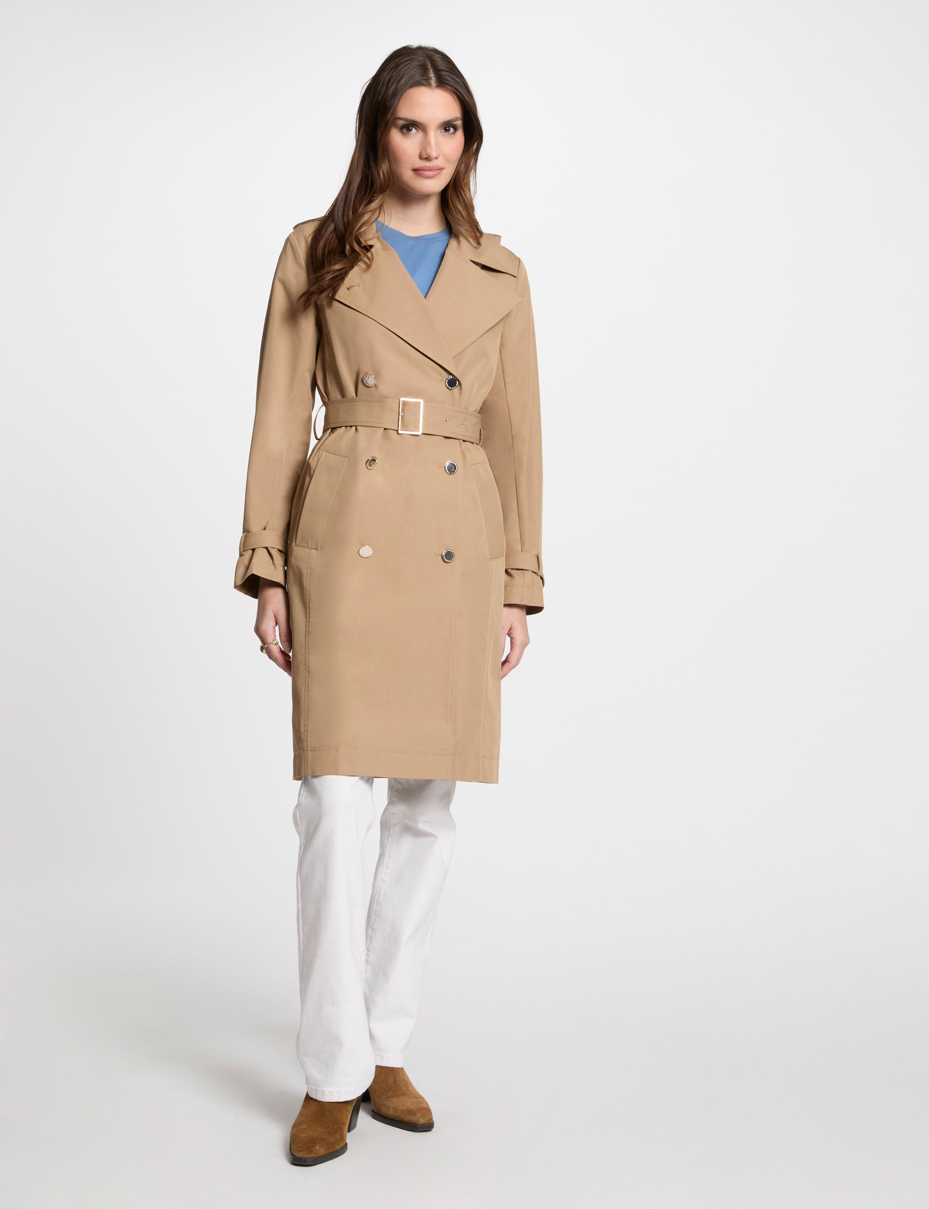 Belted long trenchcoat beige women