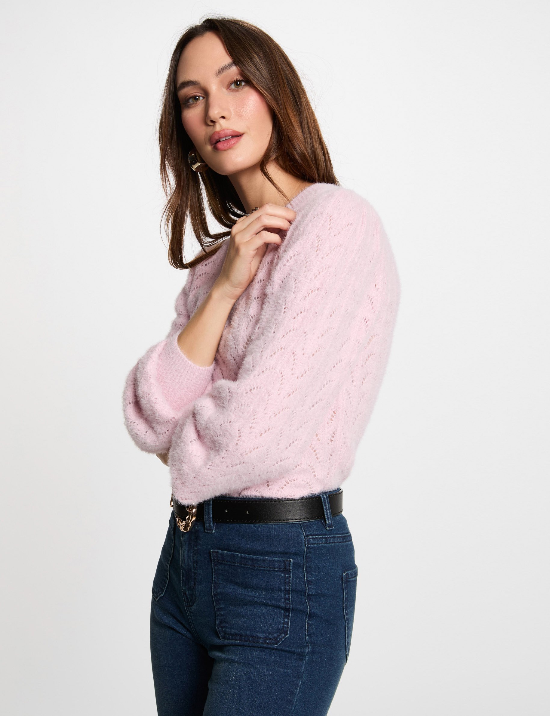 Openwork jumper round neck pastel pink women