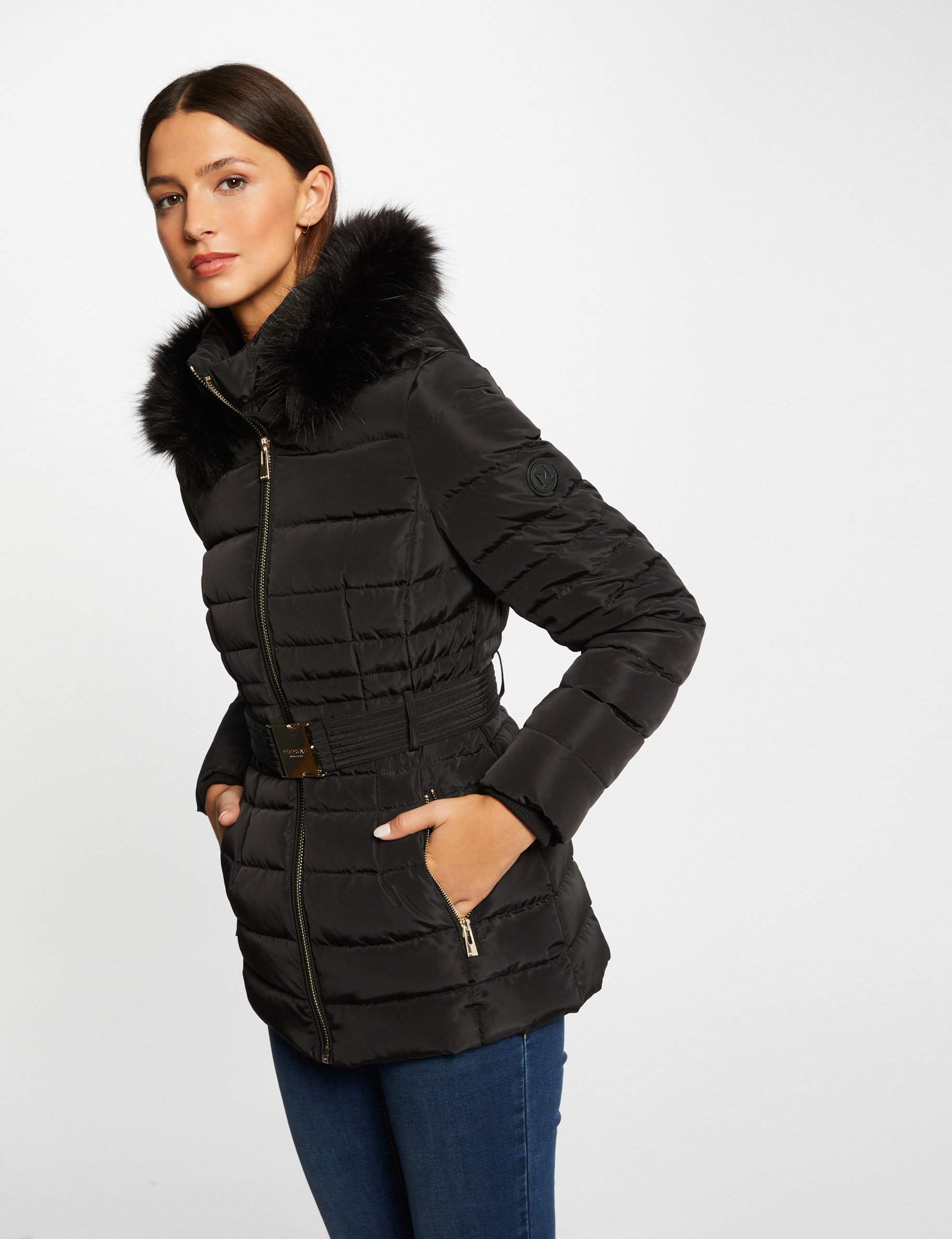 Belted waisted padded jacket with hood black women