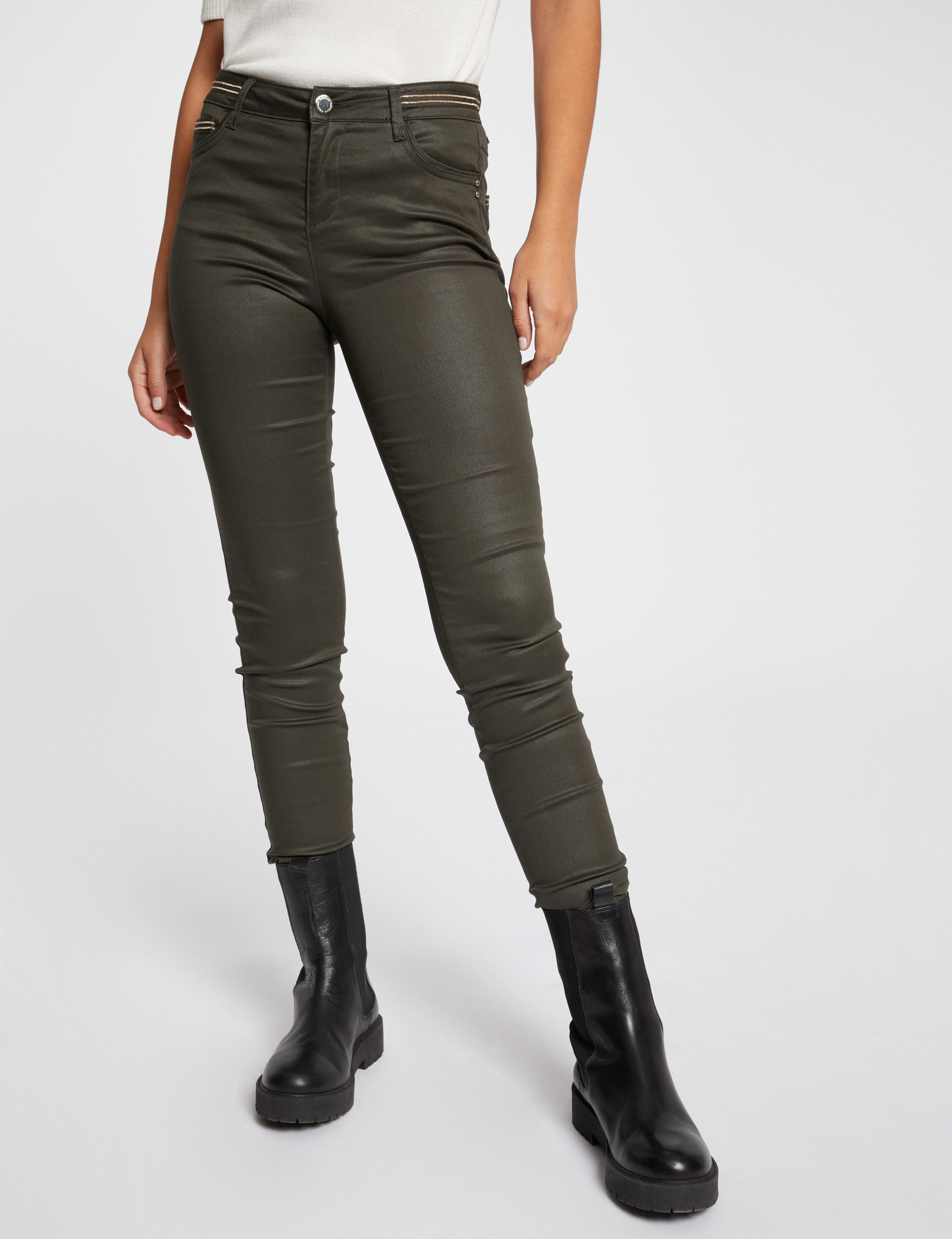 Pantalon slim enduit vert fonce femme Morgan