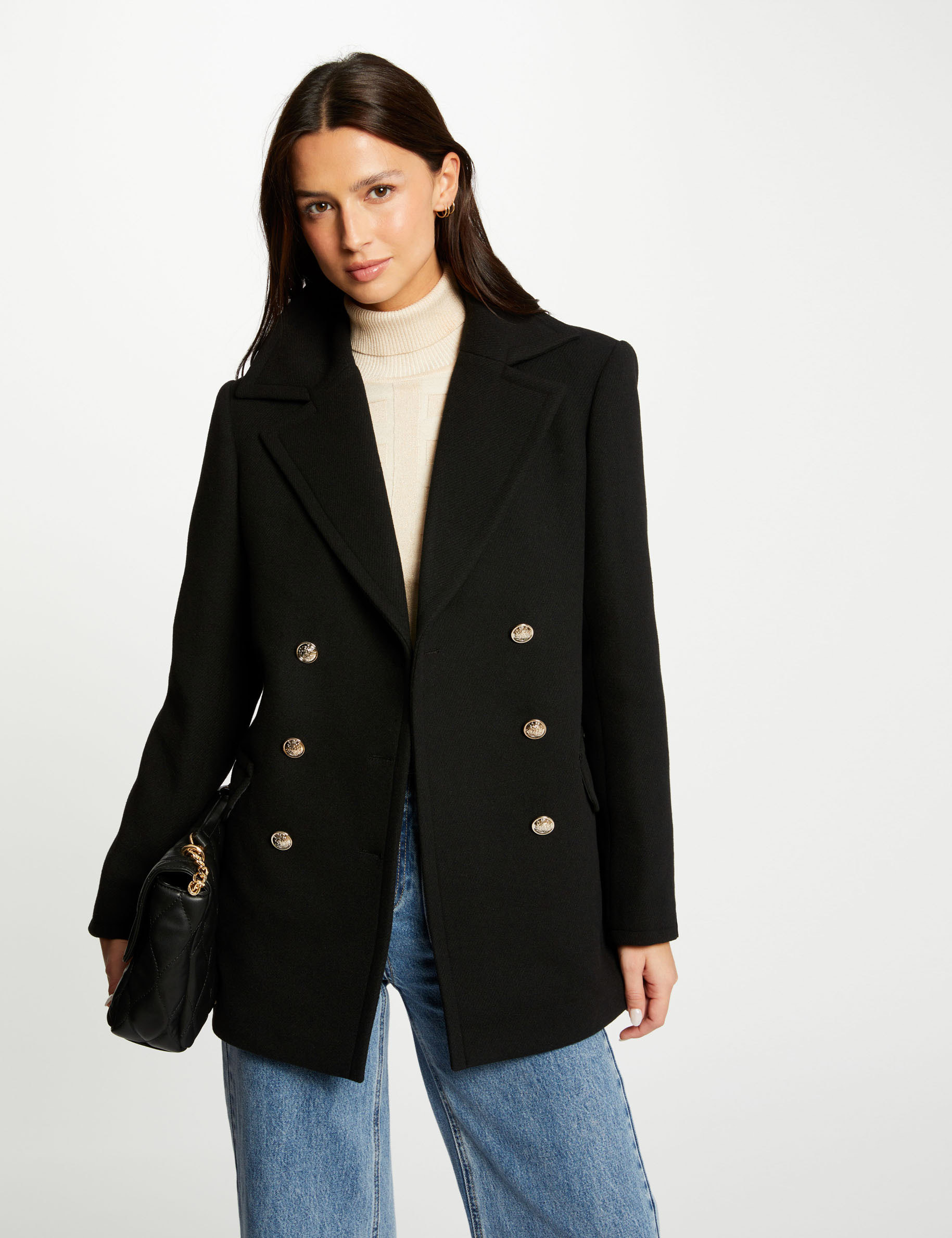 Manteau droit avec boutons noir femme