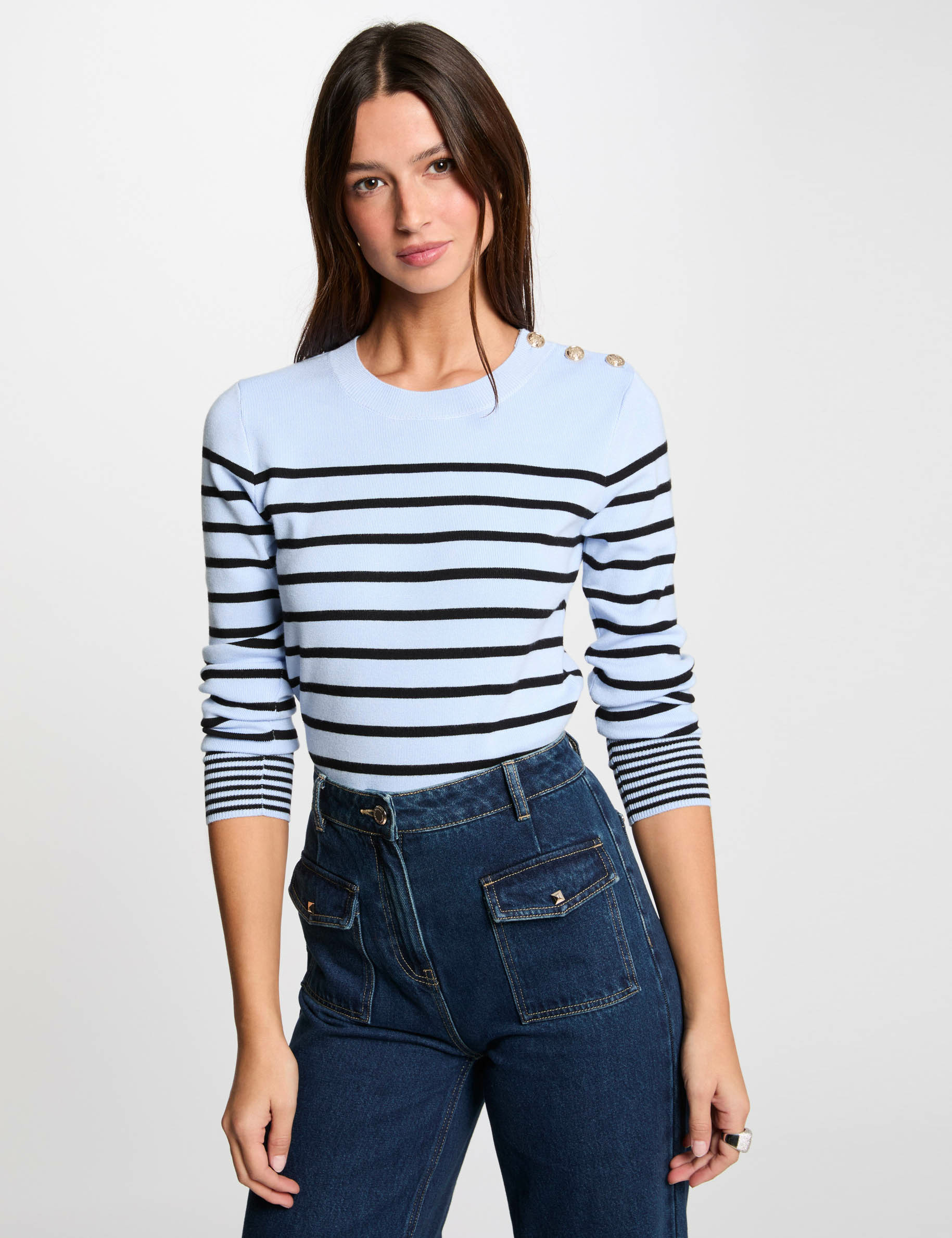 Long-sleeved jumper with stripes sky blue women